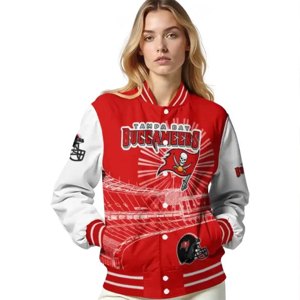 personalized tampa bay buccaneers ferris arena red white varsity jacket latest model