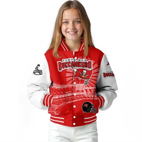 personalized tampa bay buccaneers ferris arena red white varsity jacket top rated