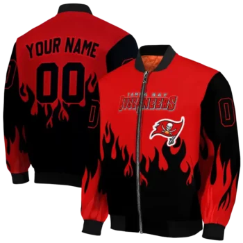 personalized tampa bay buccaneers flame border red black bomber jacket fashion forward