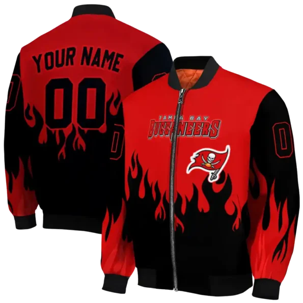 personalized tampa bay buccaneers flame border red black bomber jacket fashion forward
