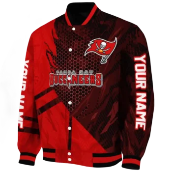 personalized tampa bay buccaneers hexagon mesh red black varsity jacket best selling