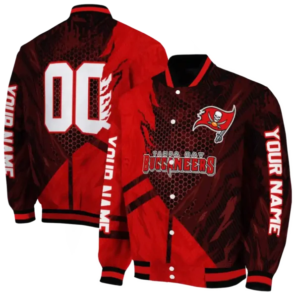 personalized tampa bay buccaneers hexagon mesh red black varsity jacket fashion forward
