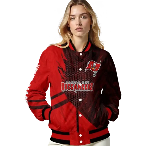 personalized tampa bay buccaneers hexagon mesh red black varsity jacket latest model