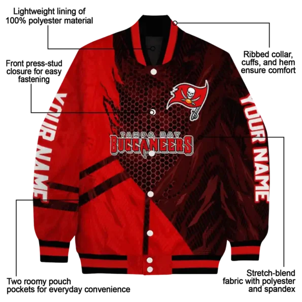 personalized tampa bay buccaneers hexagon mesh red black varsity jacket new arrival