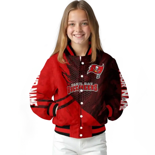 personalized tampa bay buccaneers hexagon mesh red black varsity jacket top rated