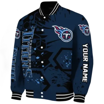 personalized tennessee titans hexagon cluster navy black varsity jacket best selling