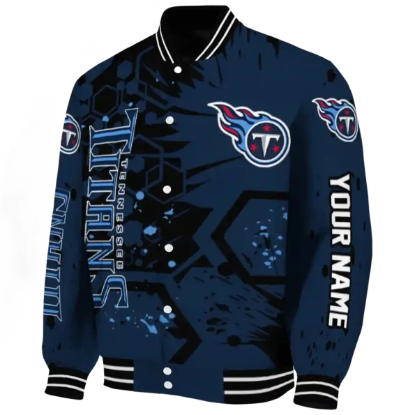 personalized tennessee titans hexagon cluster navy black varsity jacket best selling