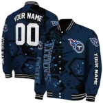 personalized tennessee titans hexagon cluster navy black varsity jacket best selling
