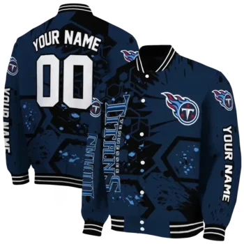 personalized tennessee titans hexagon cluster navy black varsity jacket fashion forward