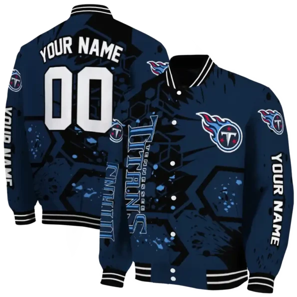 personalized tennessee titans hexagon cluster navy black varsity jacket fashion forward