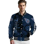 personalized tennessee titans hexagon cluster navy black varsity jacket best selling