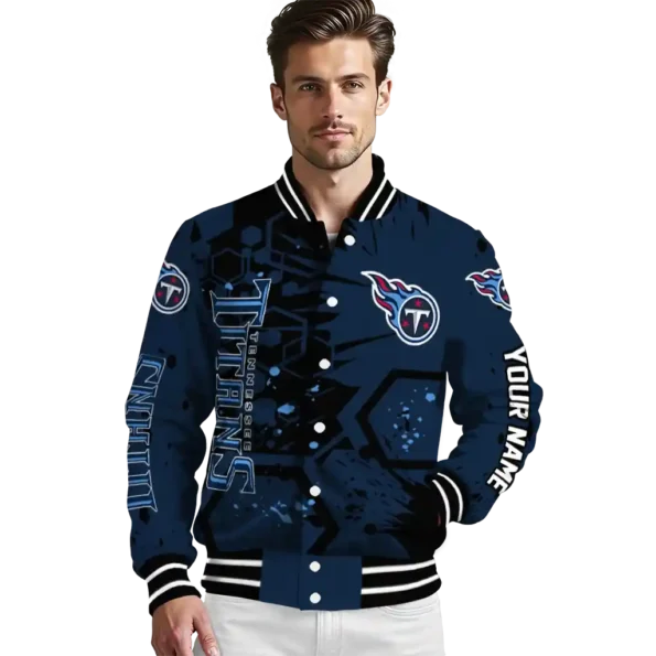 personalized tennessee titans hexagon cluster navy black varsity jacket high quality
