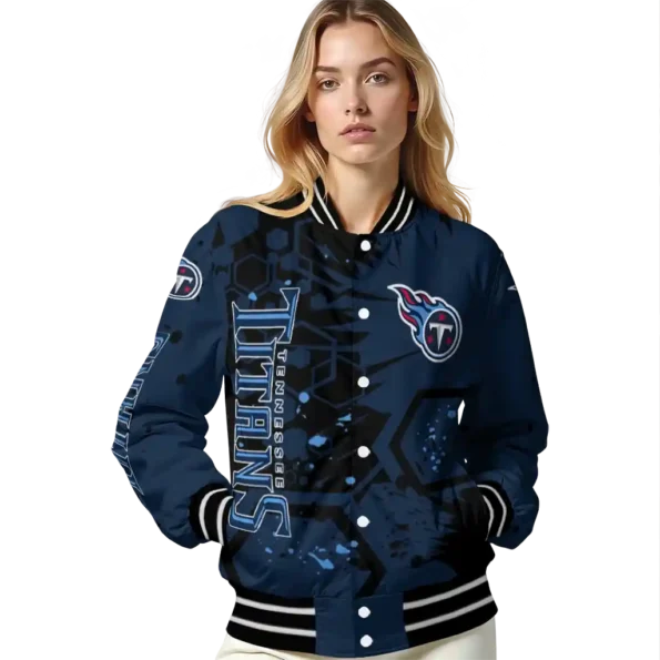 personalized tennessee titans hexagon cluster navy black varsity jacket latest model