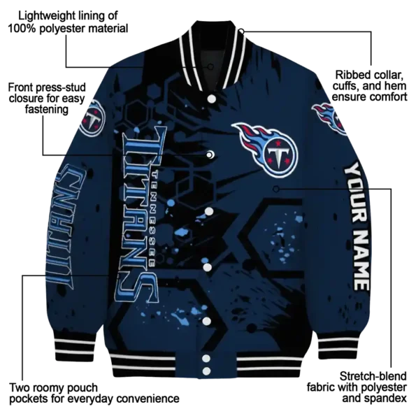 personalized tennessee titans hexagon cluster navy black varsity jacket new arrival