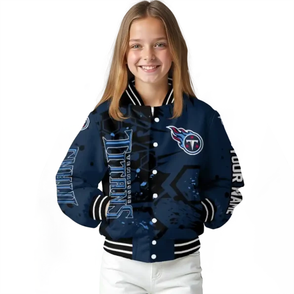 personalized tennessee titans hexagon cluster navy black varsity jacket top rated