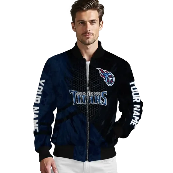 personalized tennessee titans hexagon mesh navy black bomber jacket high quality