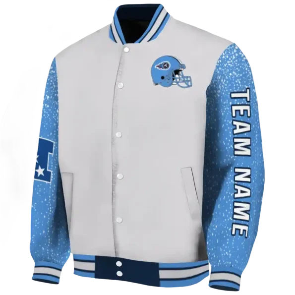 personalized tennessee titans speckled arms navy gray varsity jacket best selling