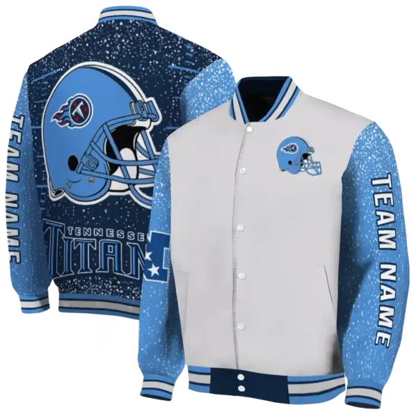 personalized tennessee titans speckled arms navy gray varsity jacket fashion forward