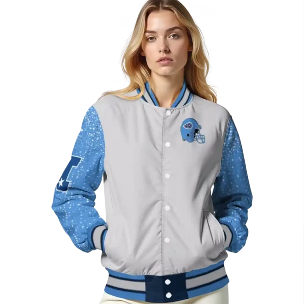 personalized tennessee titans speckled arms navy gray varsity jacket latest model