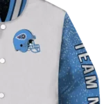 personalized tennessee titans speckled arms navy gray varsity jacket best selling
