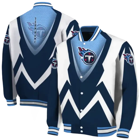 personalized tennessee titans v stripes navy white varsity jacket fashion forward