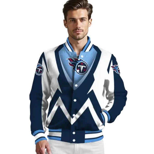 personalized tennessee titans v stripes navy white varsity jacket high quality