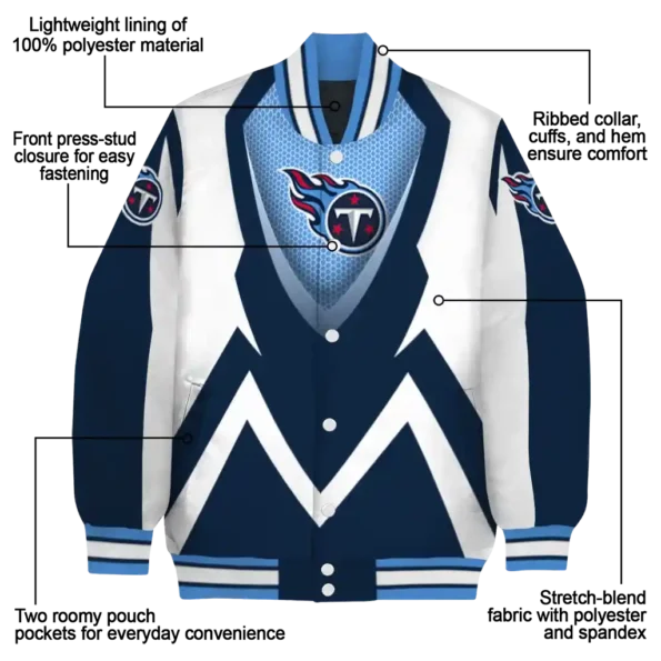 personalized tennessee titans v stripes navy white varsity jacket new arrival