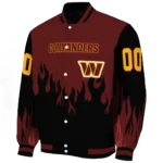 personalized washington commanders flame border burgundy black varsity jacket best selling
