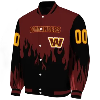 personalized washington commanders flame border burgundy black varsity jacket best selling
