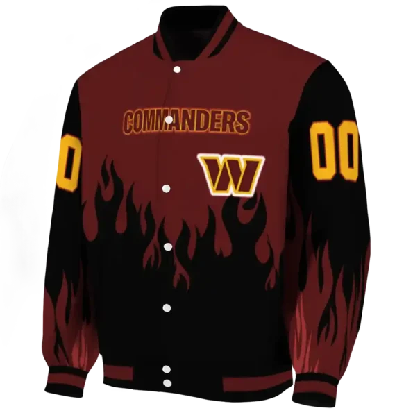 personalized washington commanders flame border burgundy black varsity jacket best selling