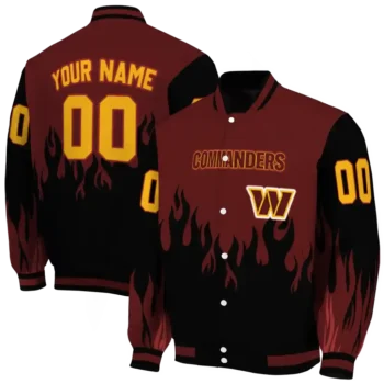 personalized washington commanders flame border burgundy black varsity jacket fashion forward