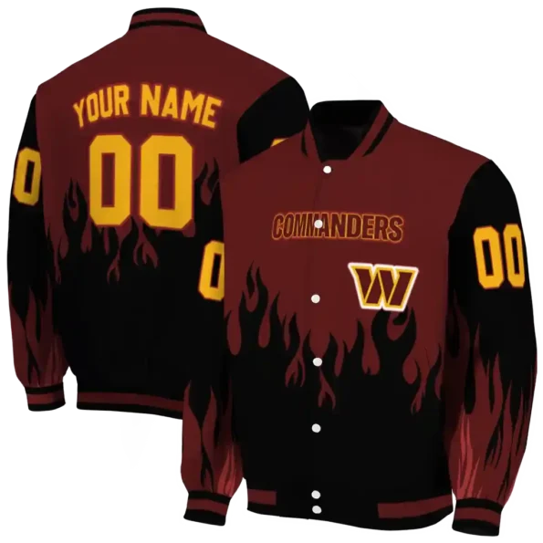 personalized washington commanders flame border burgundy black varsity jacket fashion forward