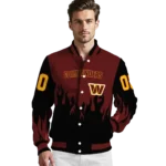 personalized washington commanders flame border burgundy black varsity jacket best selling