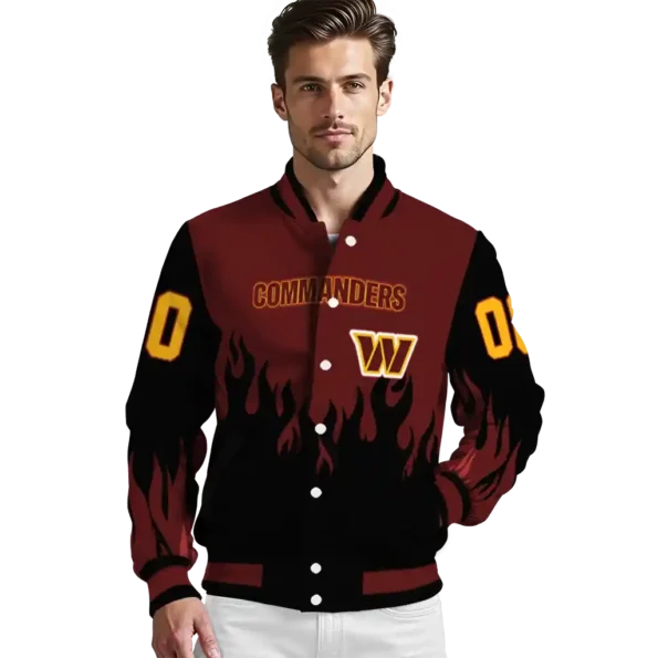 personalized washington commanders flame border burgundy black varsity jacket high quality