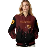 personalized washington commanders flame border burgundy black varsity jacket best selling