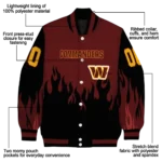 personalized washington commanders flame border burgundy black varsity jacket best selling