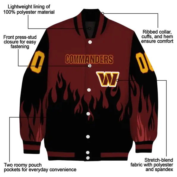personalized washington commanders flame border burgundy black varsity jacket new arrival