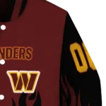personalized washington commanders flame border burgundy black varsity jacket best selling