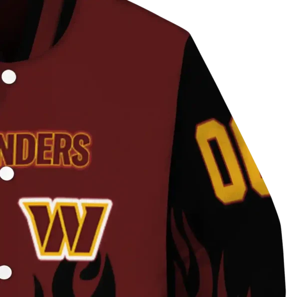 personalized washington commanders flame border burgundy black varsity jacket premium grade