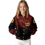 personalized washington commanders flame border burgundy black varsity jacket best selling