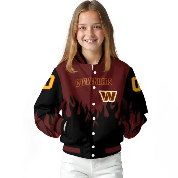 personalized washington commanders flame border burgundy black varsity jacket top rated