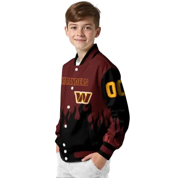 personalized washington commanders flame border burgundy black varsity jacket trendy