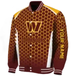 personalized washington commanders hexagon grid burgundy varsity jacket best selling
