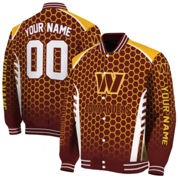 personalized washington commanders hexagon grid burgundy varsity jacket fashion forward