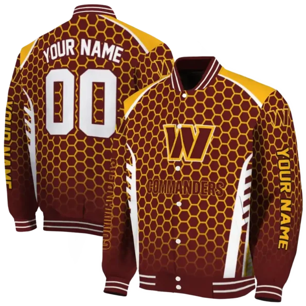 personalized washington commanders hexagon grid burgundy varsity jacket fashion forward