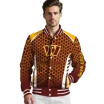 personalized washington commanders hexagon grid burgundy varsity jacket best selling