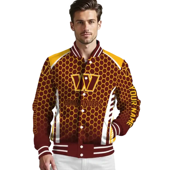 personalized washington commanders hexagon grid burgundy varsity jacket high quality