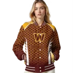 personalized washington commanders hexagon grid burgundy varsity jacket best selling