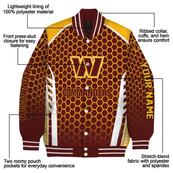 personalized washington commanders hexagon grid burgundy varsity jacket new arrival