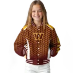 personalized washington commanders hexagon grid burgundy varsity jacket best selling